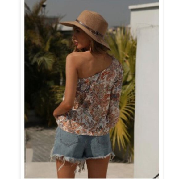 boho gypsy paisley print one shoulder top cream - Picture 2 of 2